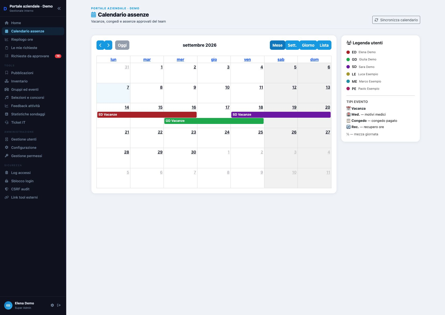 Calendario mensile del Portale aziendale con vacanze e congedi approvati del team